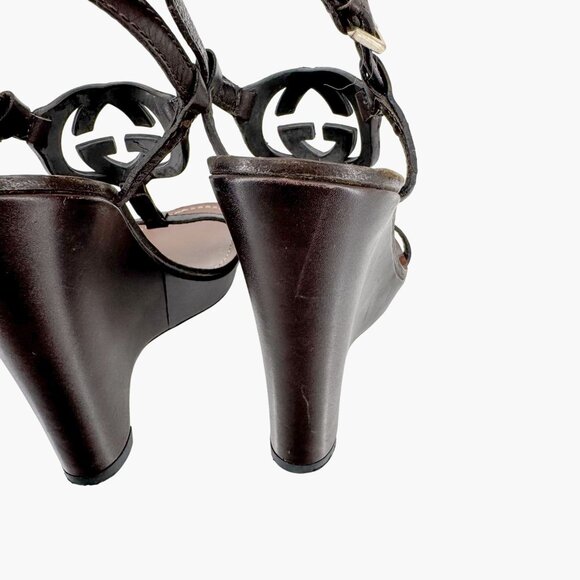 Gucci GG Interlock Cutout Wedge Sandals Size 7.5 Brown Leather Logo Platform - Picture 7 of 16